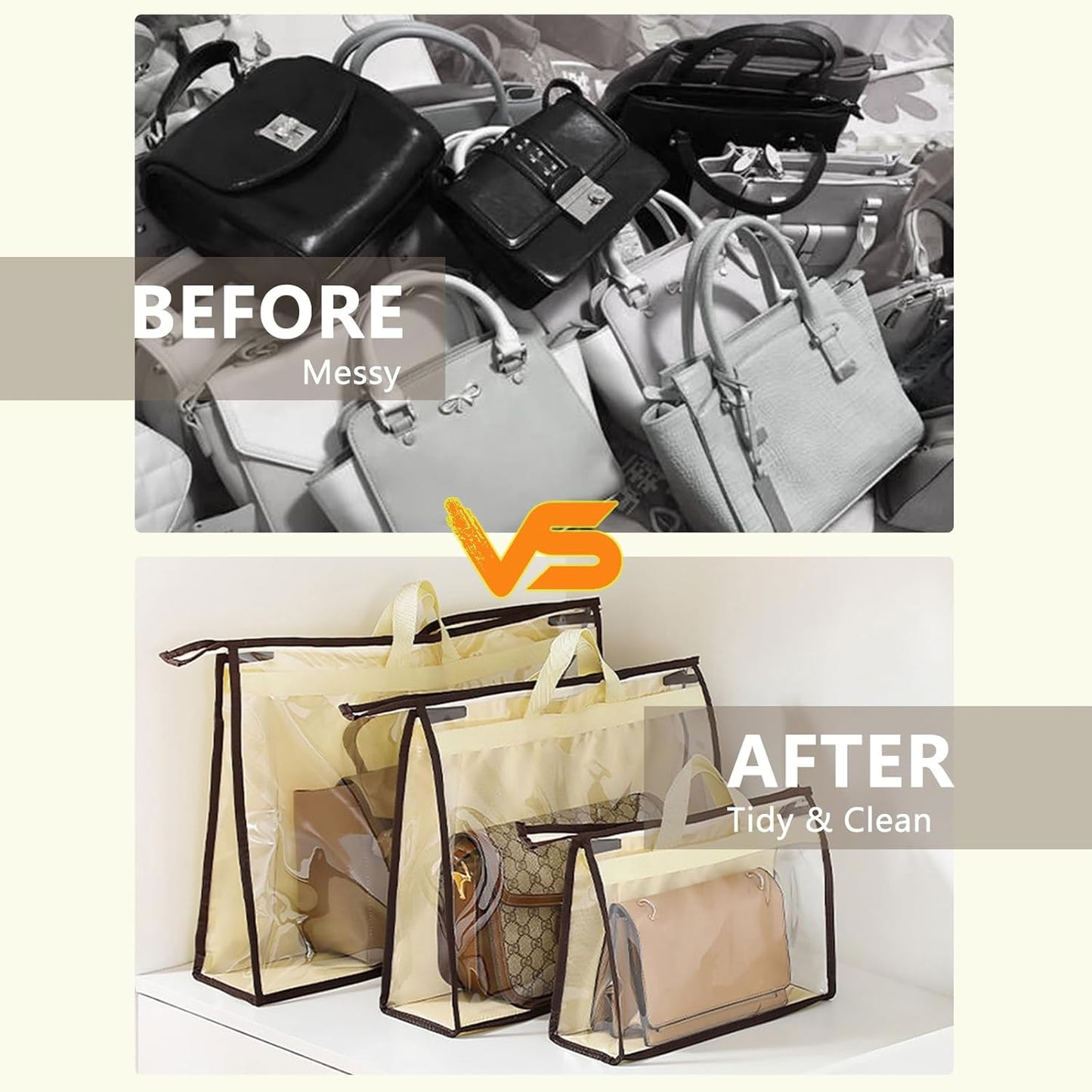 8 Pack Handbag Dust Bags Clear Purse Storage Organizer for Closet, Hanging Zipper Storage Bag for Handbags