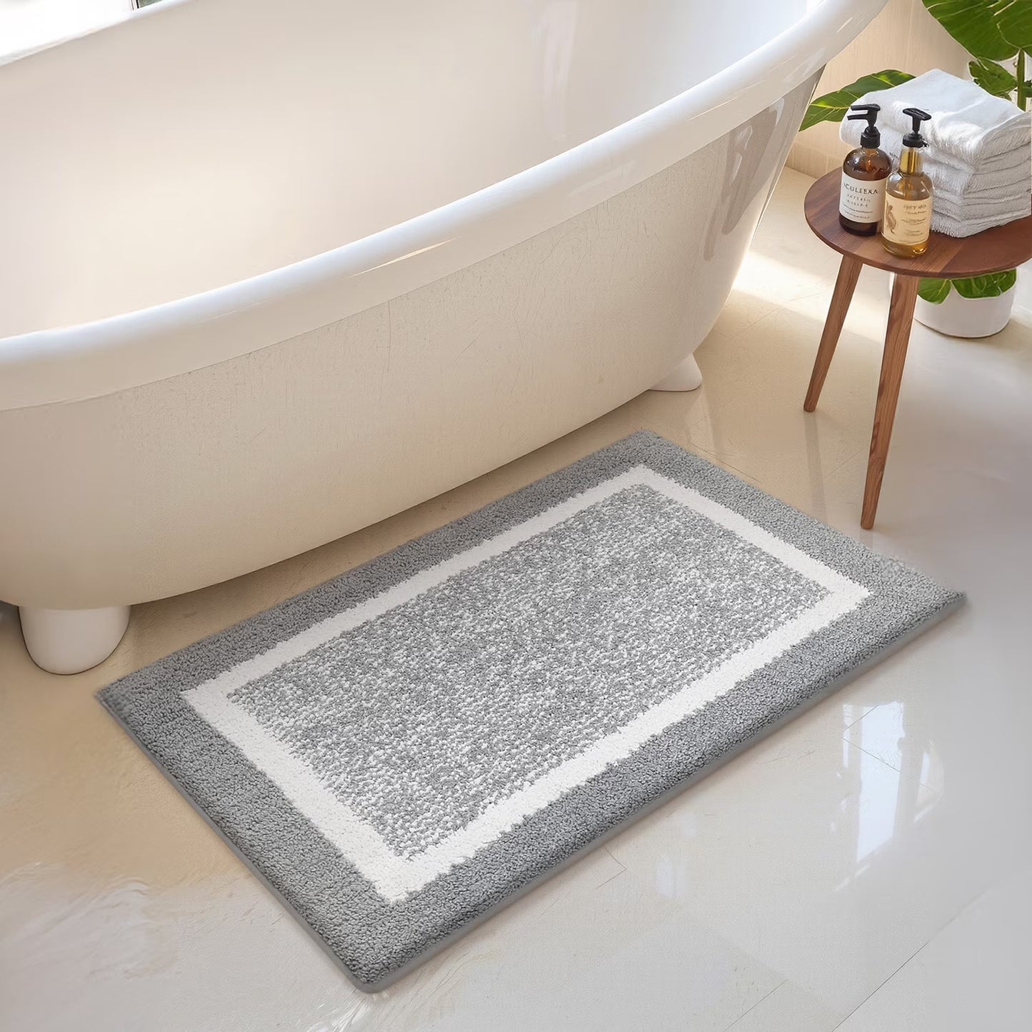 Bathroom Rug, Soft Absorbent Bathroom Mat and Bath Mat, Premium Microfiber Shag Bath Rug Machine Washable (16"X24",Grey and White)