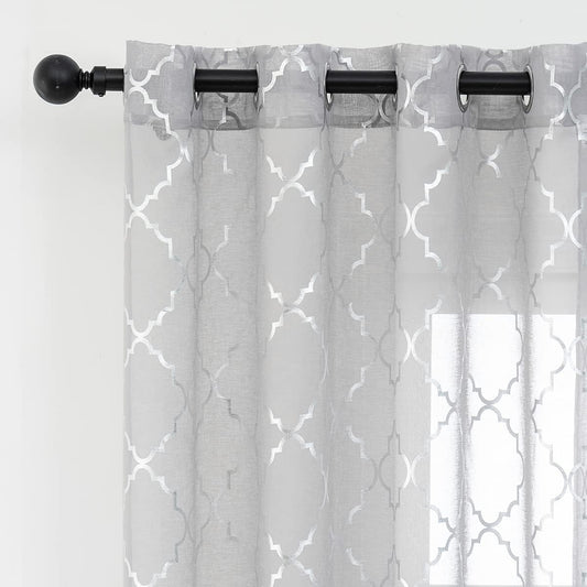 Silver Sheer Curtains 63 Inch Length 2 Panels Metallic Silver Moroccan Pattern Shimmer Sheer Curtains for Bedroom, Grommet Light Filtering Privacy Sprakle Sheer Window Curtains, W52 X L63 Inch