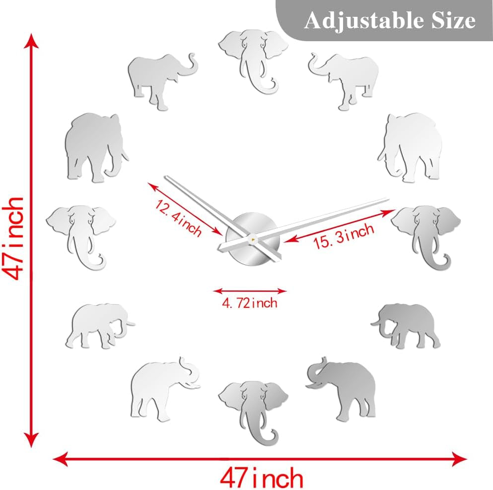 Jungle Animals Elephant DIY Large Wall Clock Home Decor Modern Design Mirror Effect Giant Frameless Elephants DIY Clock Wall Watch (Silver)