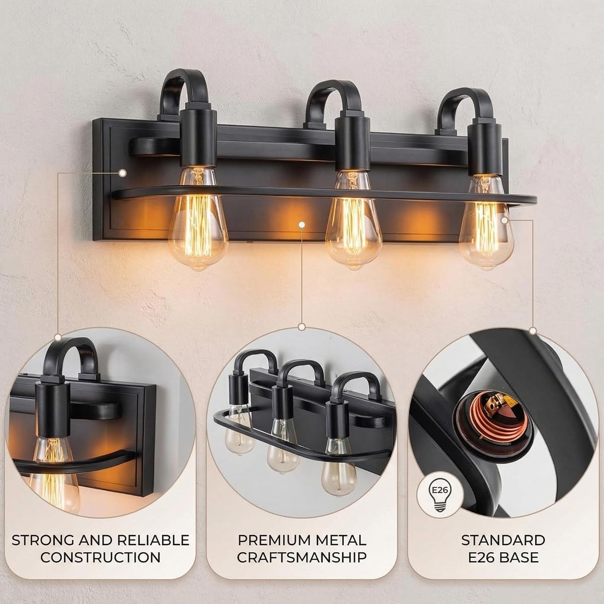 Industrial Vanity Light Fixture, Matte Black Farmhouse Bathroom Wall Sconce Lighting(3-Light)