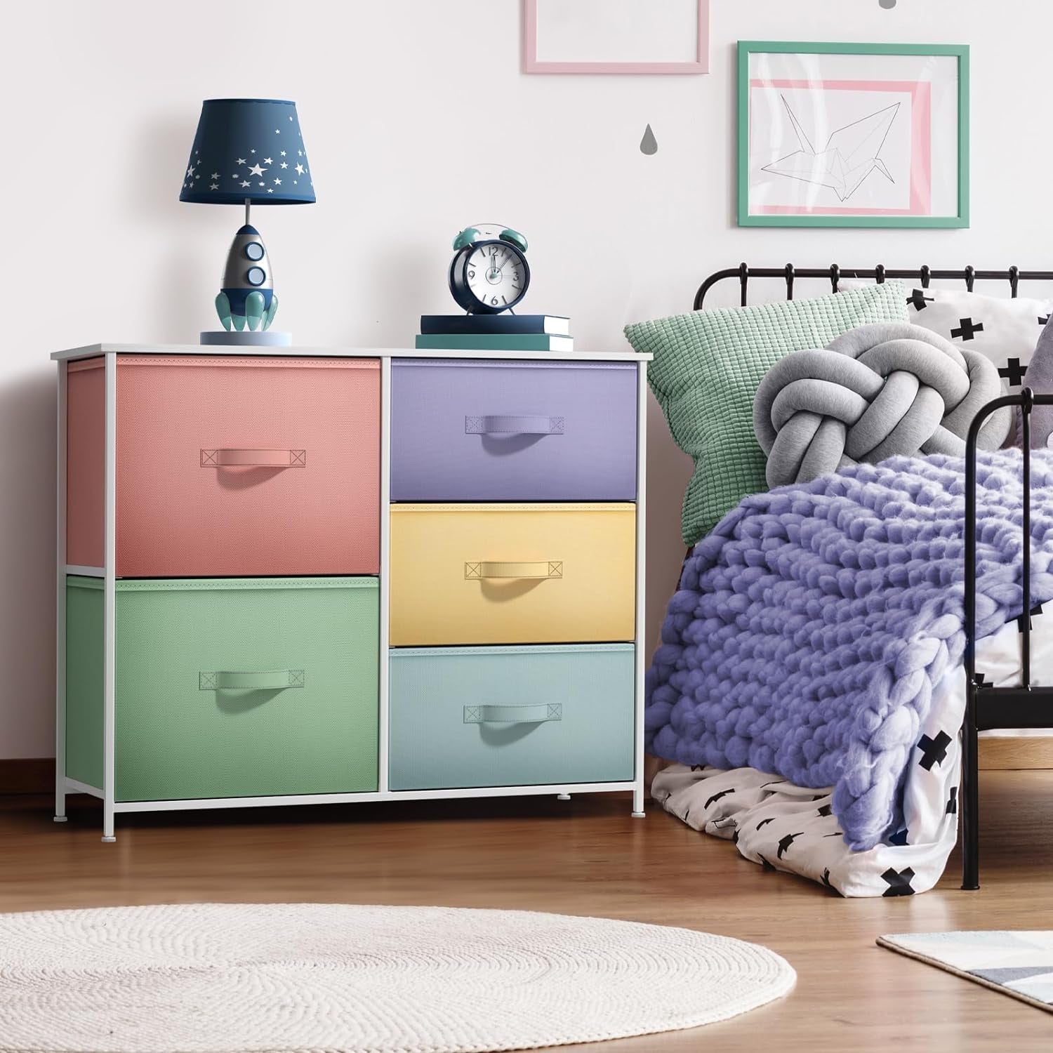 Kids Dresser with 5 Drawers - Storage Chest Organizer Unit with Steel Frame, Wood Top & Handles, Tie-Dye Fabric Bins for Clothes - Wide Furniture for Bedroom Hallway Kids Room Nursery & Closet