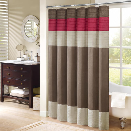 Amherst Bathroom Shower Curtain Faux Silk Pieced Striped Modern Microfiber Bath Curtains, 72X72 Inches, Red