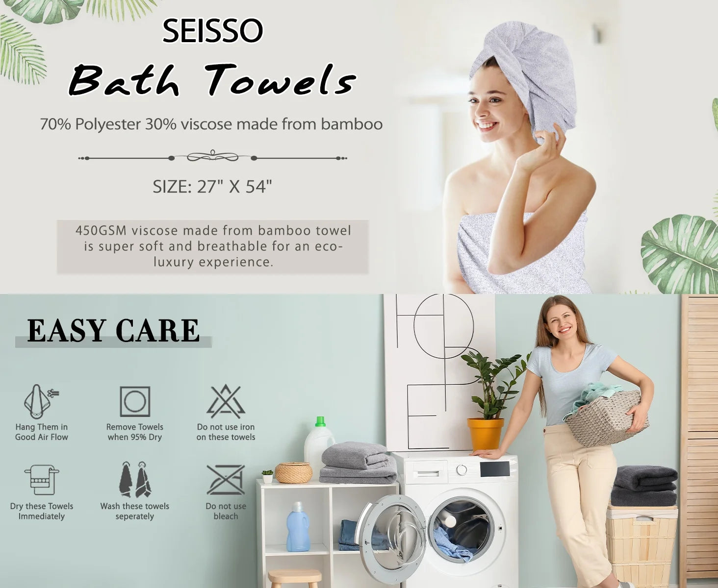 2-Pack 27" X 54" Bath Towels 30% Viscose Made from Bamboo Ultra Soft & Highly Absorbent Solid Premium Bath Towels for Bathroom, Hotels, Spa and Gym, Light Gray