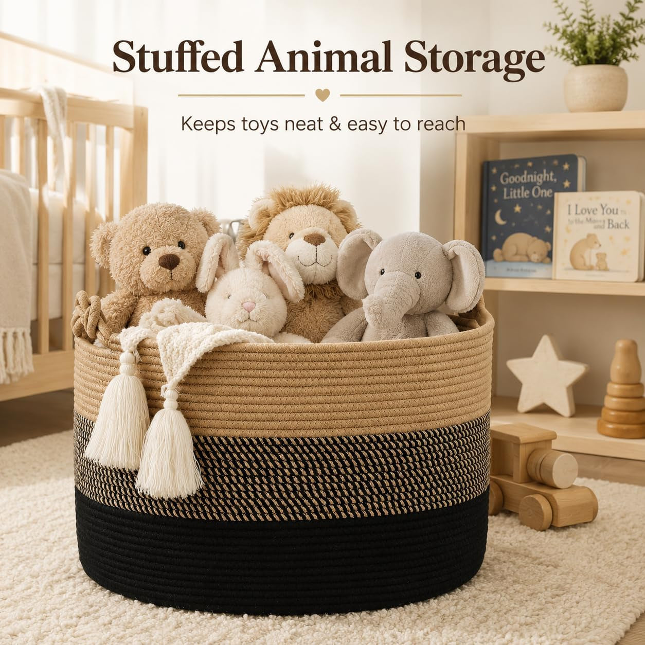 Large Blanket Basket (20"X13"),Woven Rope Baskets for Storage Baby Laundry Hamper, Cotton Rope Blanket Basket for Living Room, Laundry, Nursery, Pillows,Baby Toy Chest (Jute/Black)