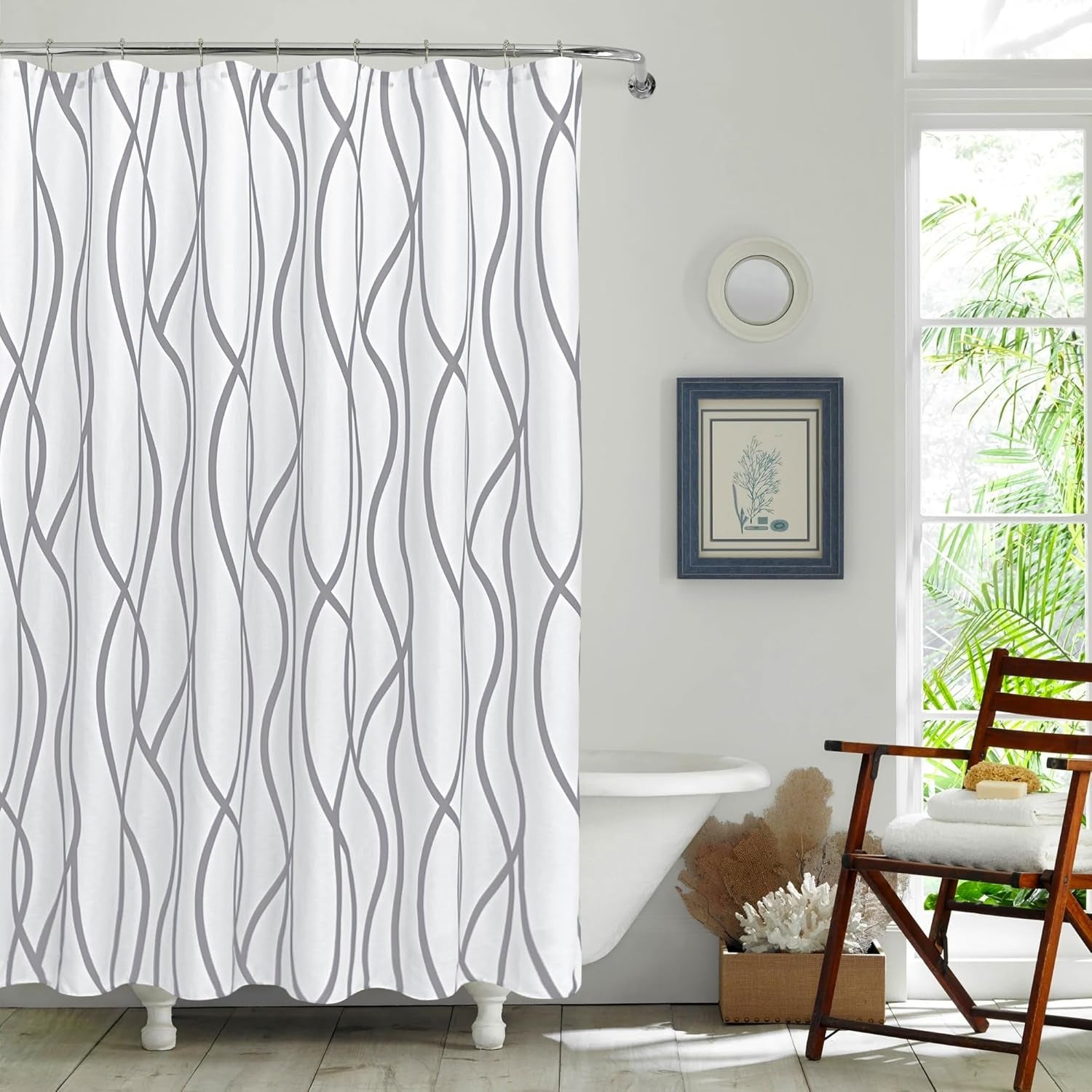 Textured Fabric Shower Curtain 72 Inches by 72 Inches, Silver Grey Striped Printed Linen Modern Hotel Luxury Quality Cloth Bathroom Curtains Machine Washable