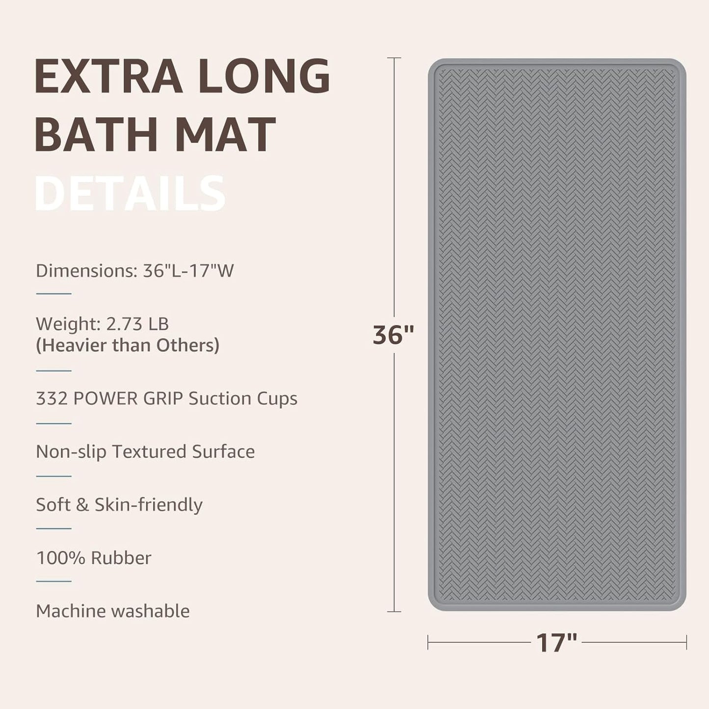 Bathtub Mat Non Slip, Extra Long Rubber Bath Mat for Tub, Machine Washable Shower anti Slip Mat with 332 Strong Suction Cups (Grey, 36" X 17")