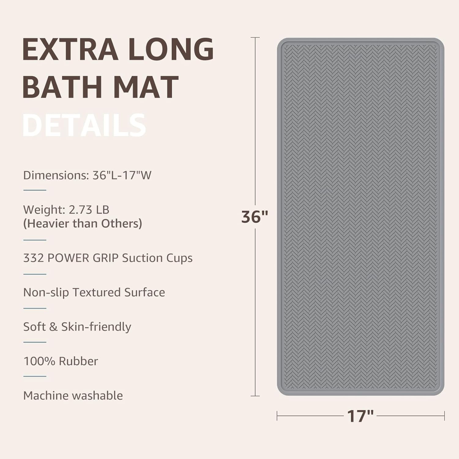 Bathtub Mat Non Slip, Extra Long Rubber Bath Mat for Tub, Machine Washable Shower anti Slip Mat with 332 Strong Suction Cups (Grey, 36" X 17")