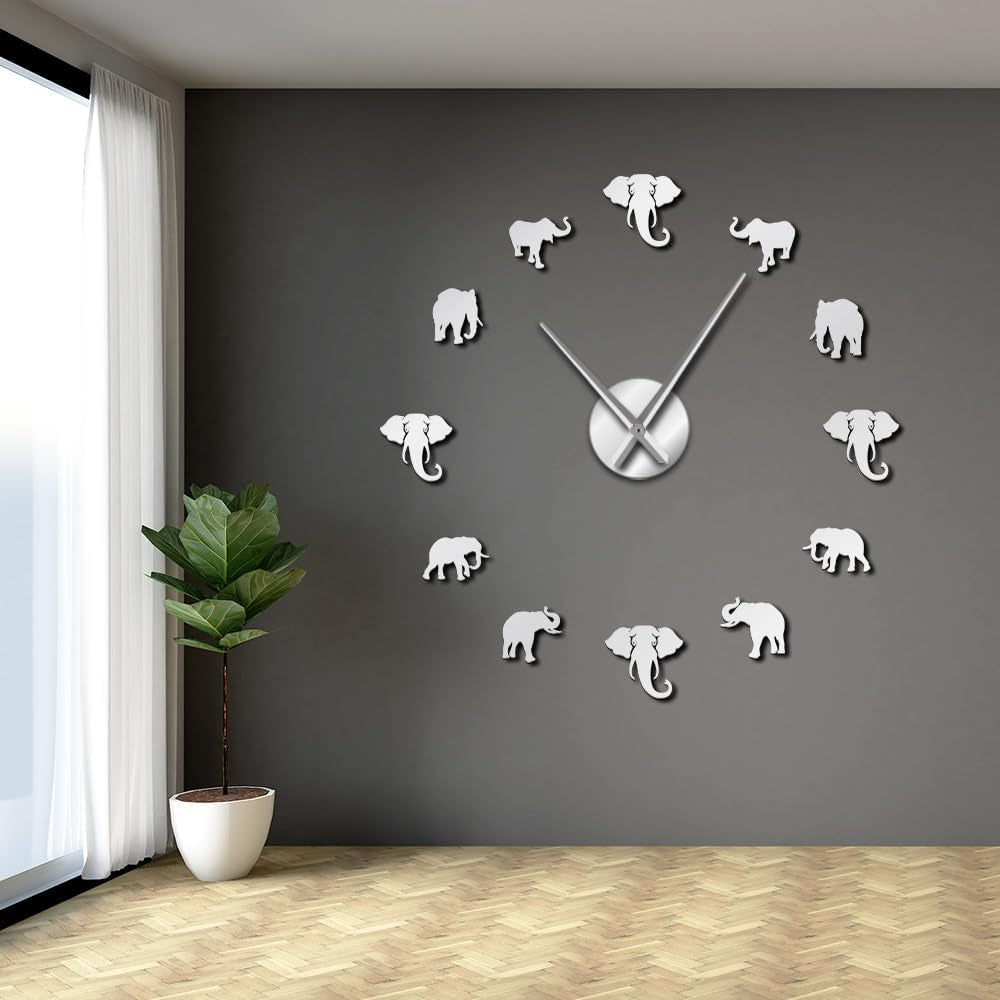 Jungle Animals Elephant DIY Large Wall Clock Home Decor Modern Design Mirror Effect Giant Frameless Elephants DIY Clock Wall Watch (Silver)