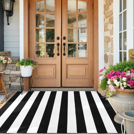 Black and White Rug 4'X 6', Washable Striped Outdoor Indoor Rug,Farmhouse Cotton Woven Layered Door Mat,Front Porch Decor Door Mat for Front Door Patio Porch Living Room Kitchen