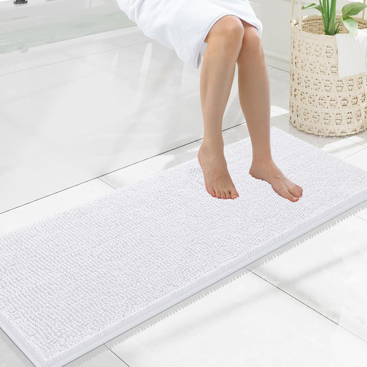 Luxury Chenille Bathroom Rugs 47X17, Extra Soft and Absorbent Shaggy Bath Mat, Machine Washable, Non-Slip Plush Carpet Runner for Tub, Shower, and Floor, Home Decor Accessories, White