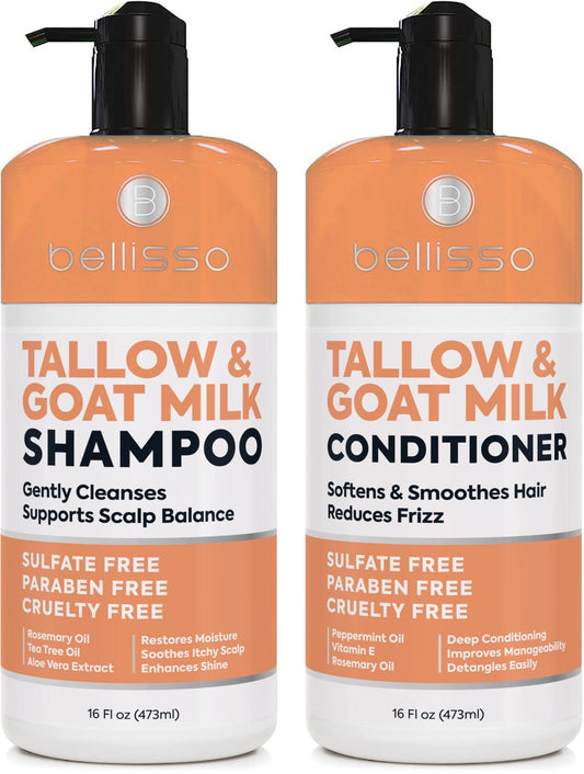 Beef Tallow Shampoo and Conditioner Set with Goat Milk 16.9 Fl Oz Pack of 2 Sulfate Free Moisture for Women Men for Dry Itchy Scalp Hydrating Thickening Volume Care for Thinning Hair