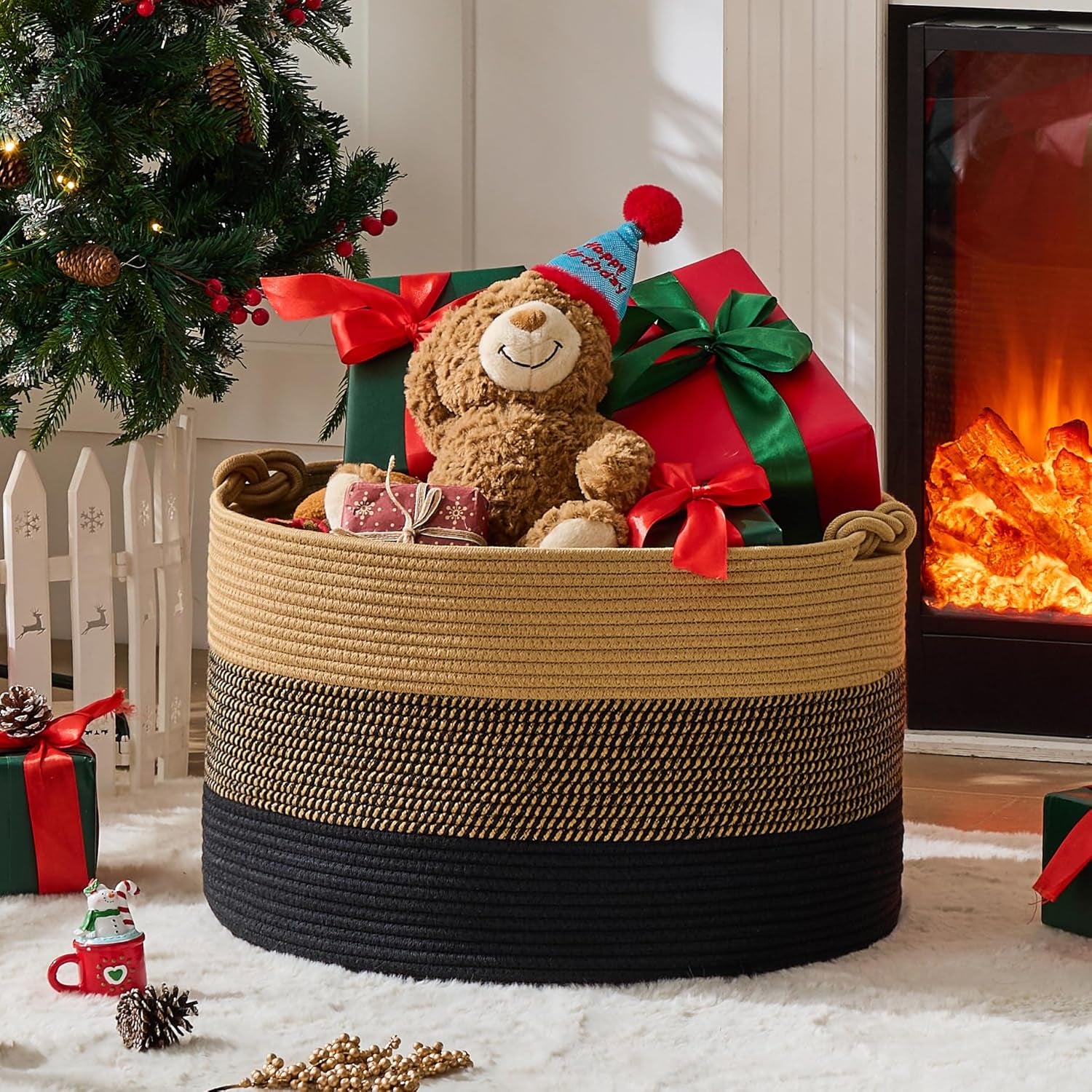 Large Blanket Basket (20"X13"),Woven Rope Baskets for Storage Baby Laundry Hamper, Cotton Rope Blanket Basket for Living Room, Laundry, Nursery, Pillows,Baby Toy Chest (Jute/Black)