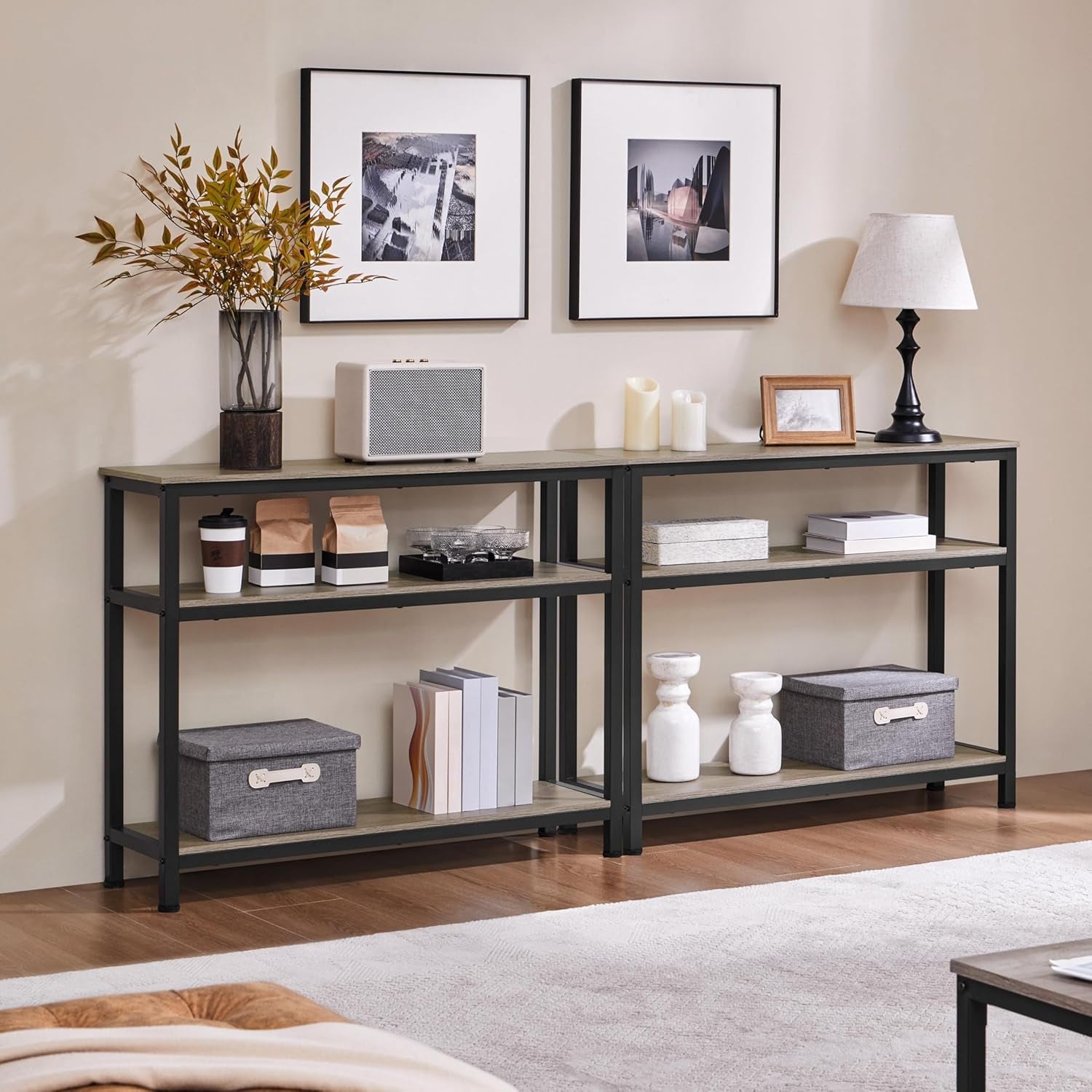 Entryway Table with Storage Shelves, 40 Inch Console Table with Metal Frame, Wood behind Couch Sofa Tables for Entryway, Living Room, Gray