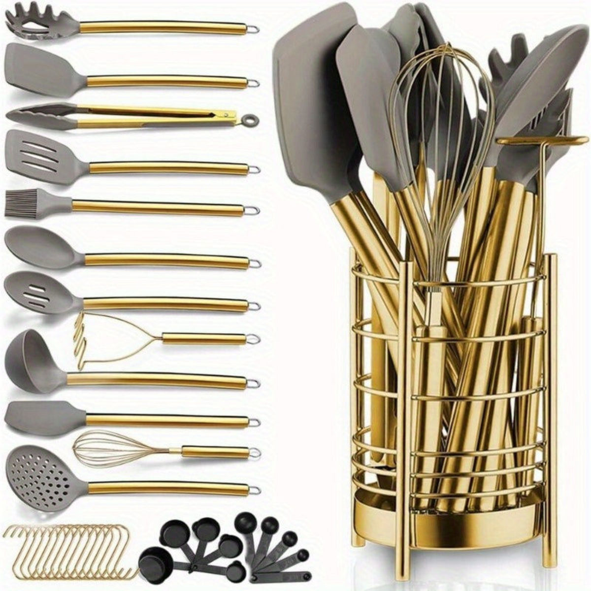 Gold Stainless Steel Cooking Utensil Set w Silicone Heads